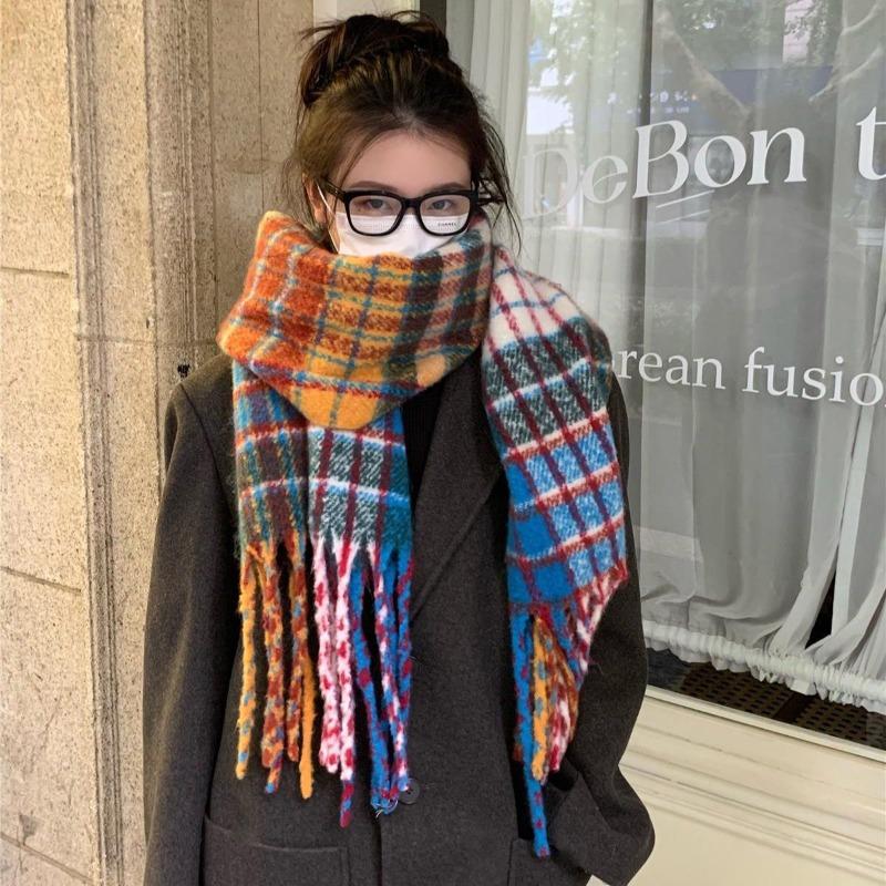 Autumn and winter rainbow plaid imitation cashmere scarf female student couple mohair warm scarf long shawl