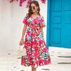 Women Summer High Waist A Line Dress Ethnic Printed Short Sleeve Lace Up