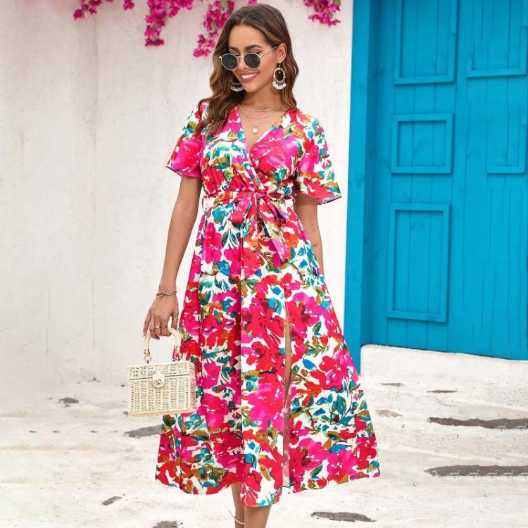 Women Summer High Waist A Line Dress Ethnic Printed Short Sleeve Lace Up