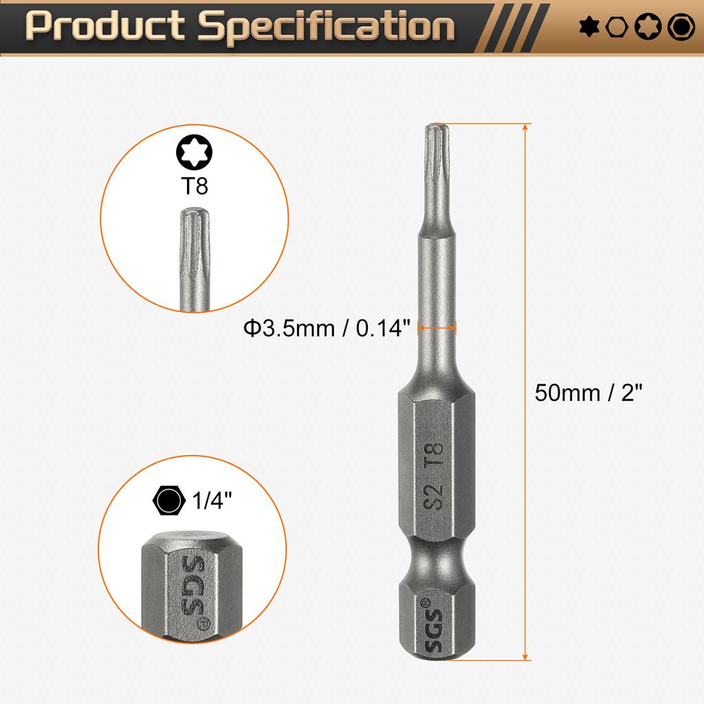 Torx Head Screwdriver Bit T5-T50 1/4" Hex Shank 50mm Magnetic No Hole Tip Tamper Proof 6 Point Star S2 Screw Driver Drill Bits