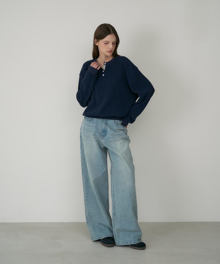 DEHEVE Check Henley-Neck Sweatshirt [Navy]