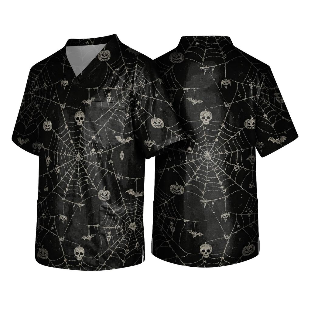 Men's Halloween Print Scrub Top - V-Neck with Pockets, Comfort Fit Uniform for Nurses, Doctors & Dentists, Daily Work Wear, Seasonal Top