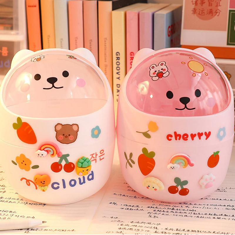 Niedlicher Kreativer Heim-Desktop mit Deckel Mülleimer Klein Mini Kawaii Schlafzimmer Schreibtisch Aufbewahrungsbox Stifthalter Gib einen Aufkleber
