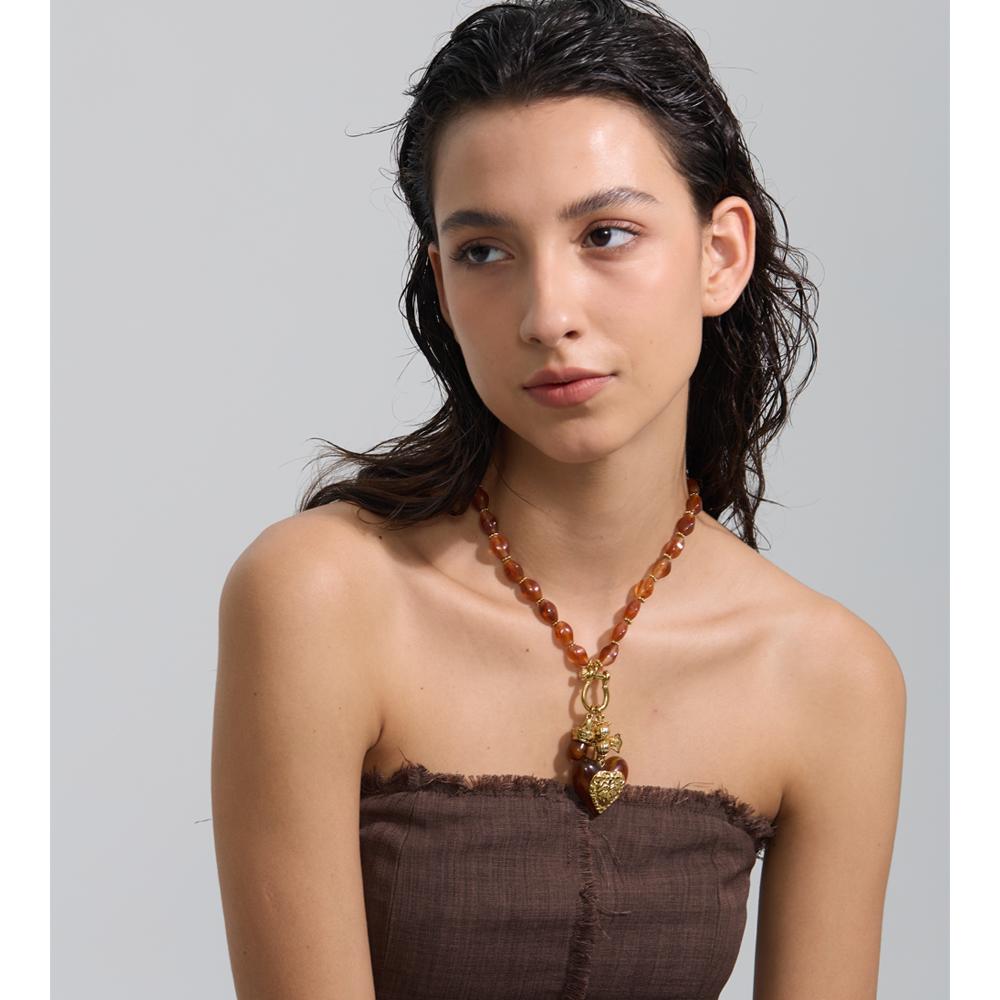 Yhpup Amber Acrylic Resin Beads Cross Heart Pendant Drop Handmade Necklace New Arrivals Stainless Steel Statement Collar Jewelry