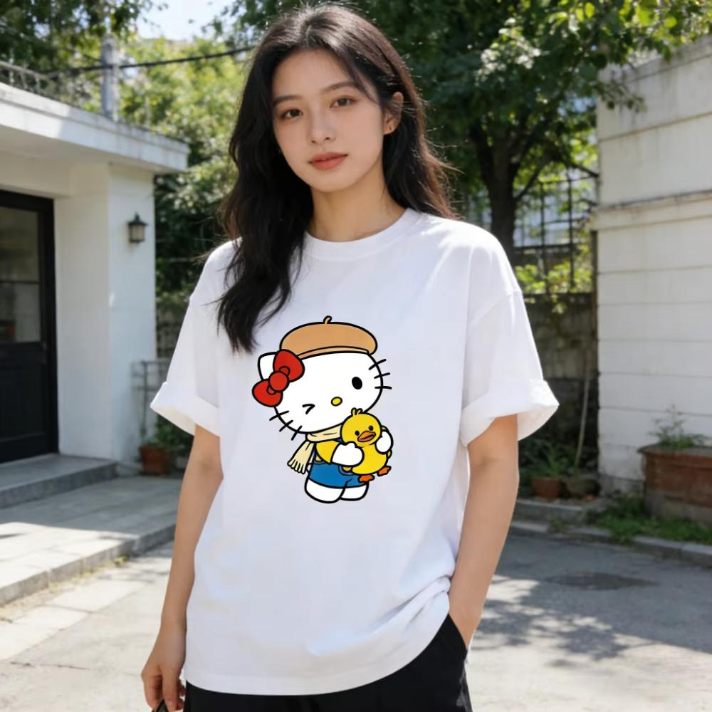 

2026 Summer Hello Kitty Cartoon Printed Short Sleeve Pure Comfortable summer loose Tshirt for Women S