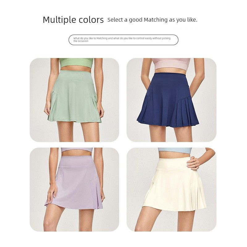 Foreign Trade New Cool Feeling Sports Short Dress Anti-exposure Fake Two-Piece Badminton Pocket Tennis Skirt Slimming Yoga Skirt