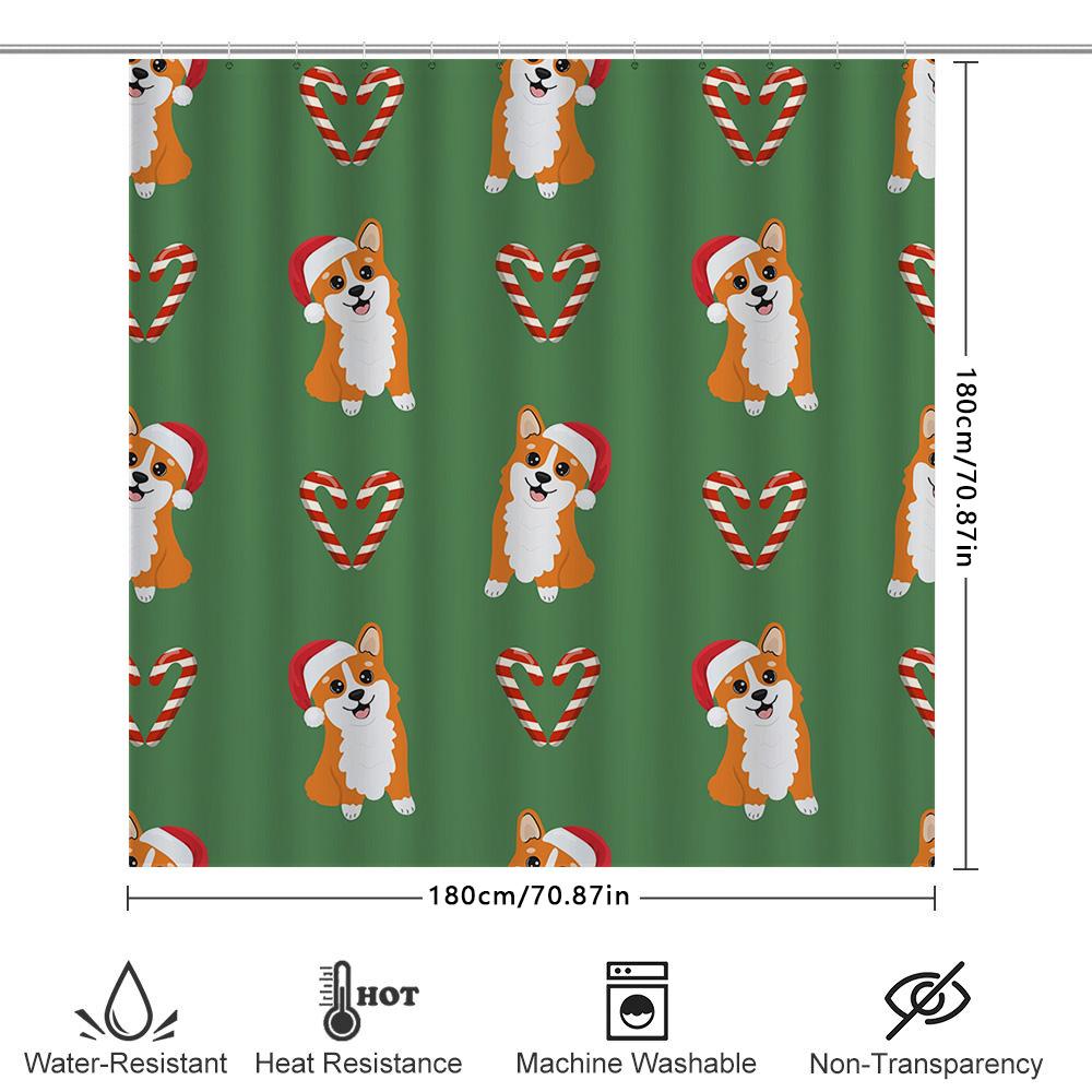 Green Christmas-themed Shower Curtains Featuring Cute Corgi Designs Festive Home Decor for Bathroom! (128 Characters)