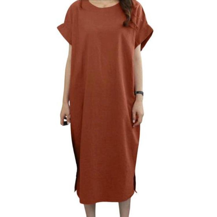Plus Size Casual Summer Dress Loose Straight Short Sleeves O Neck Midi Length Side Split Hem Soft Breathable Commute Travel Women Dress