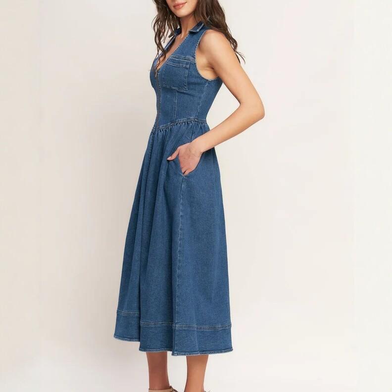 European and American style denim dress women's new sleeveless waist long thin A-shaped skirt cross-border fashion versatile skirt