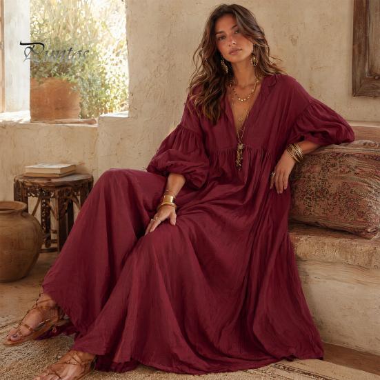 Mid-length Dress Women's Deep V Neck Maxi Dress, Puff 3/4 Sleeve Party Casual A-Line Flowy Loose Boho Beach Sundress Soft Fabric