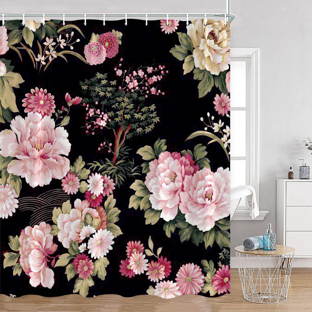 Floral Shower Curtain Colorful Flowers Birds Butterfly Botanical Green Leaves Bathroom Curtains Modern Bathtub Decor with Hooks
