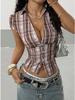 Women's Plaid Lapel Cropped Shirt, Slim-Waist Retro Streetwear for Summer