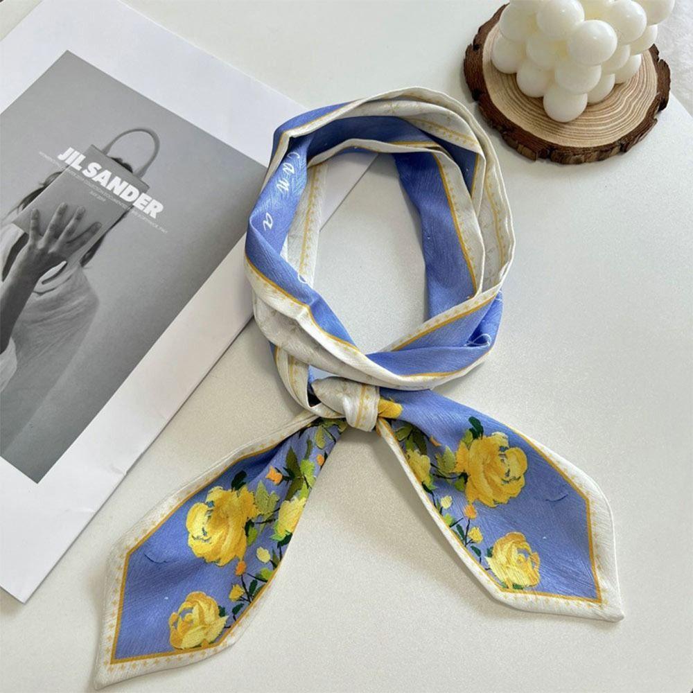 Long Thin Satin Silk Ribbon Scarf Fresh Floral Bag Strap Trendy Hair Tie  for Women