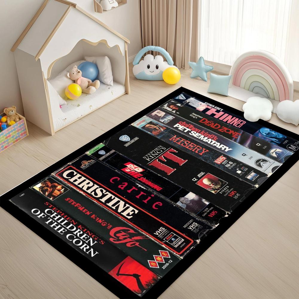 Retro Horror Movie Rug Vintage Tape Cover Pattern Nostalgic 90s Home Decor Carpet Soft Non-Slip Floor Mat for Living Room