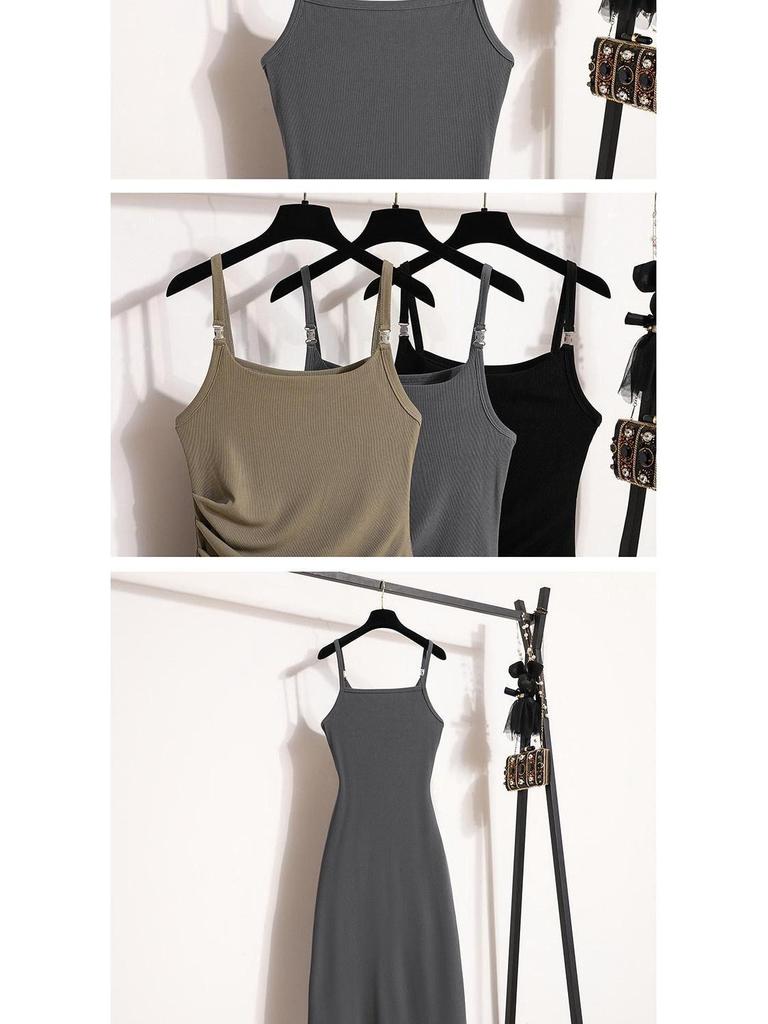 Plus Size Slimming Camisole Dress - Women's Waist-Cinched Spring/Summer Slit Outerwear Skirt