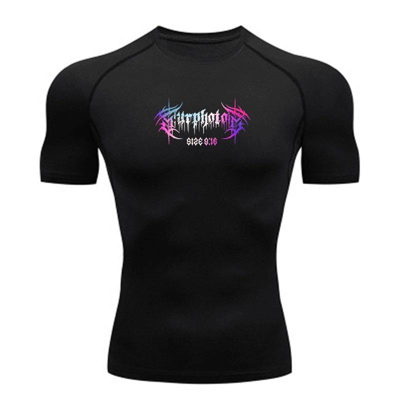 Men's Compression Fitness Sport T-Shirt, Quick Dry Breathable Athletic Workout Top, Stylish Gradient Metal Print Gym Training Activewear for Running E