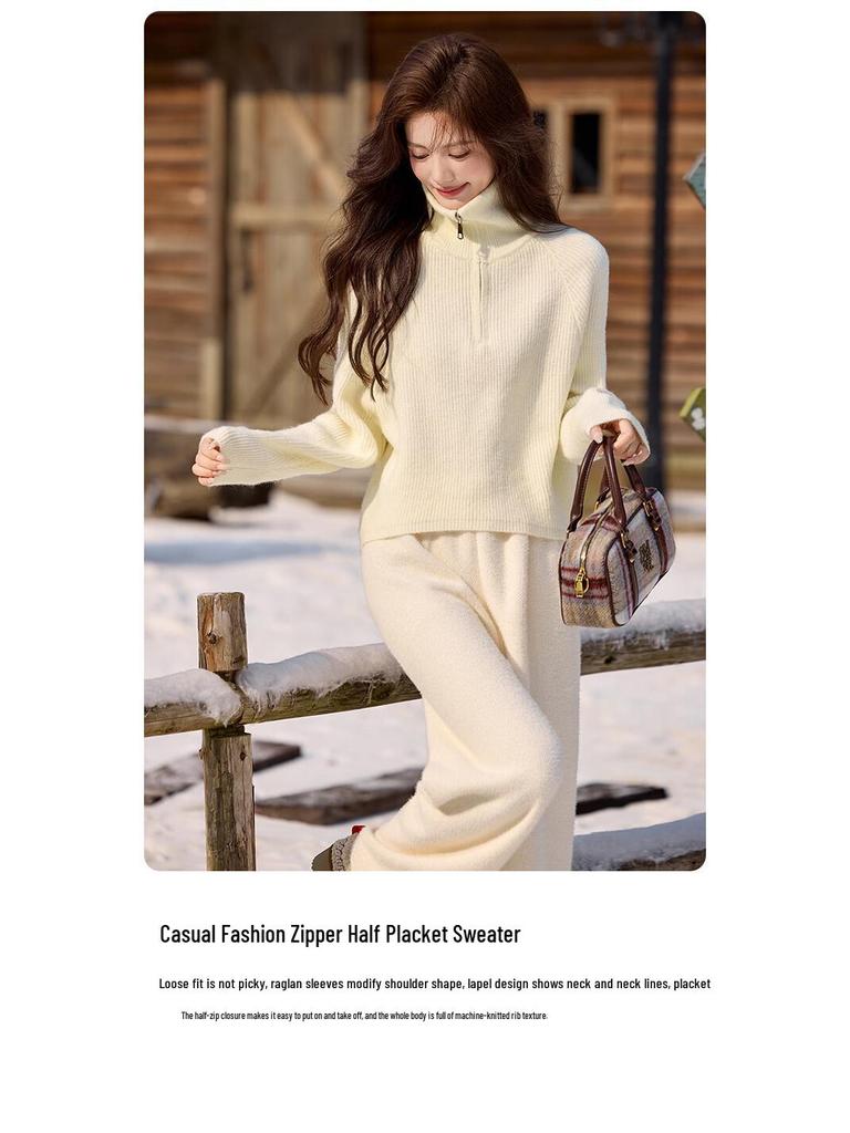 Bailuyu Damen Strickpullover mit Revers und halbem Reißverschluss