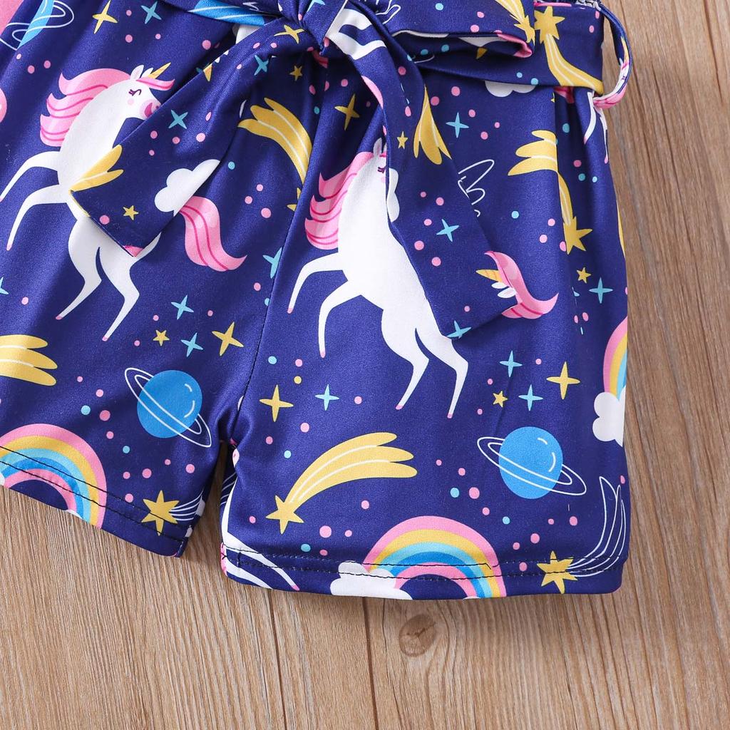 Girls 2 Piece Outfit 1-8Y Pink Unicorn Print T-Shirt with Shorts Set Kids Ruffle Sleeve Summer Clothing Sets