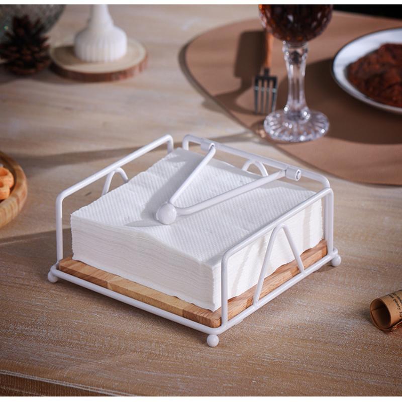 Flat Napkin Holder Metal Iron Serviette Holder Napkin Stand With Wooden Base For Home Kitchen Countertop Decor