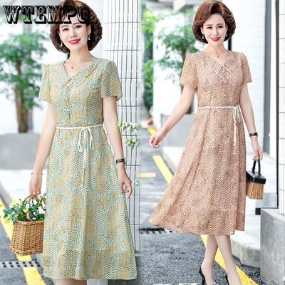 Brand Middle-aged and Elderly Mothers' Fitting Dress Fashion Breathable Knee-length Skirt Floral Chiffon Dress Large Skirt A-line Skirt