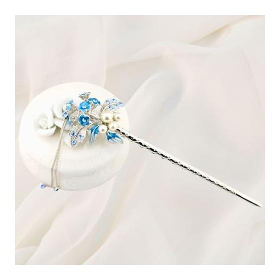 Miaomyao Hairpin, Japanese Traditional Hair Accessory for Kimono, Yukata, Formal Wear, Metal with Pearls and Rhinestones, Antique Flower Bouquet