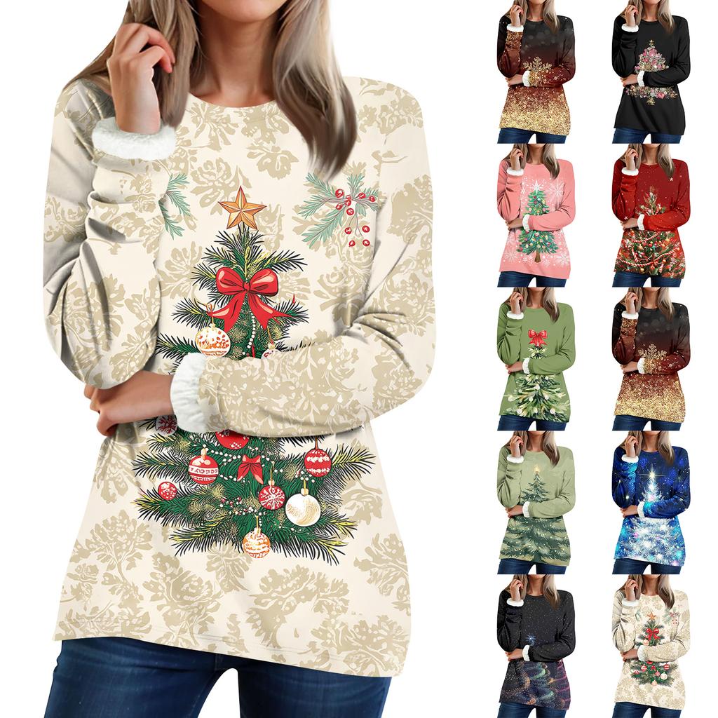 Women's Round Neck Top Printing Thickened Plush Cashmere Warm Long Top