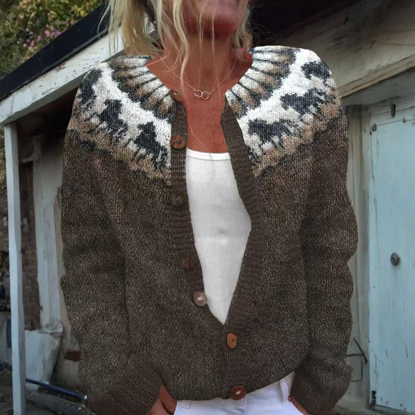 

Кардиганы в стиле Fair Isle для женщин, с круглым вырезом, свободного кроя, на пуговицах, объемный свитер, с открытой передней частью, повседневная вязаная куртка на осень M