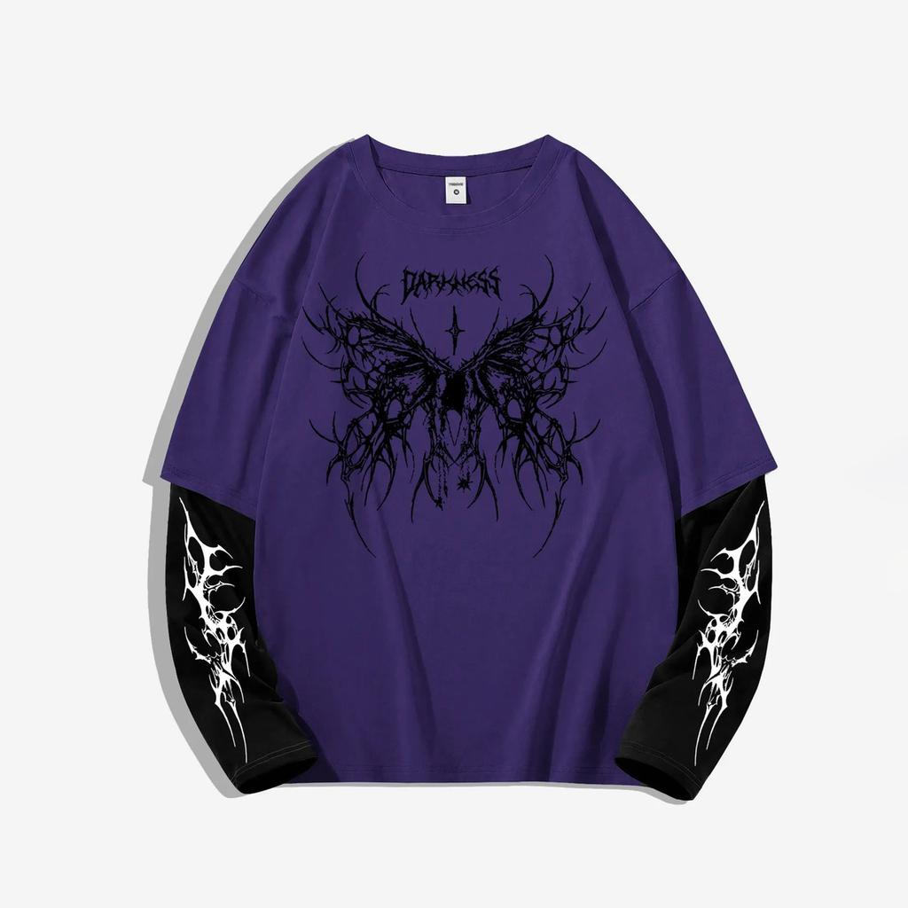 Herren Dark Aesthetic "Darkness" Grafik Langarmshirt, Gespickter Schmetterling Fake Layer Streetwear Oberteil