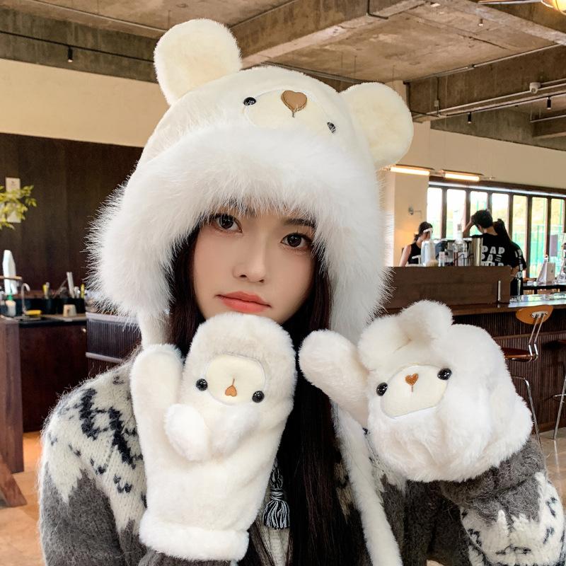Winter plush cute bear gloves hat women's windproof and warm ear protection pullover hat versatile and small face