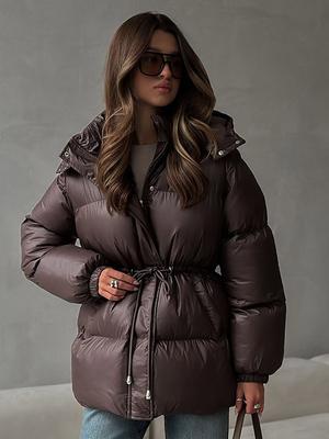 Chaqueta de Algodón con Capucha y Cremallera para Mujer, Cordón Ajustable, Holgada, Cálida, Marrón, Ropa de Algodón, Chaqueta Ligera y Entallada, Desplazamiento Diario, Otoño e Invierno