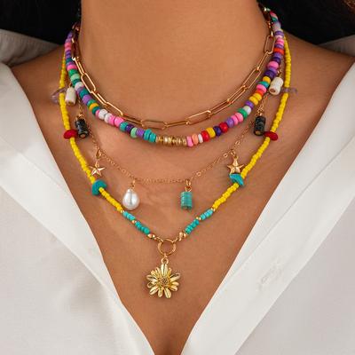 Moda Takı Çok Katmanlı Köprücük Kemiği Zincir Kolye Kadınlar İçin Deniz Kabuğu Deniz Yıldızı Ayçiçeği Kolye Renkli Boncuklar Püskül Kolye Aksesuarları