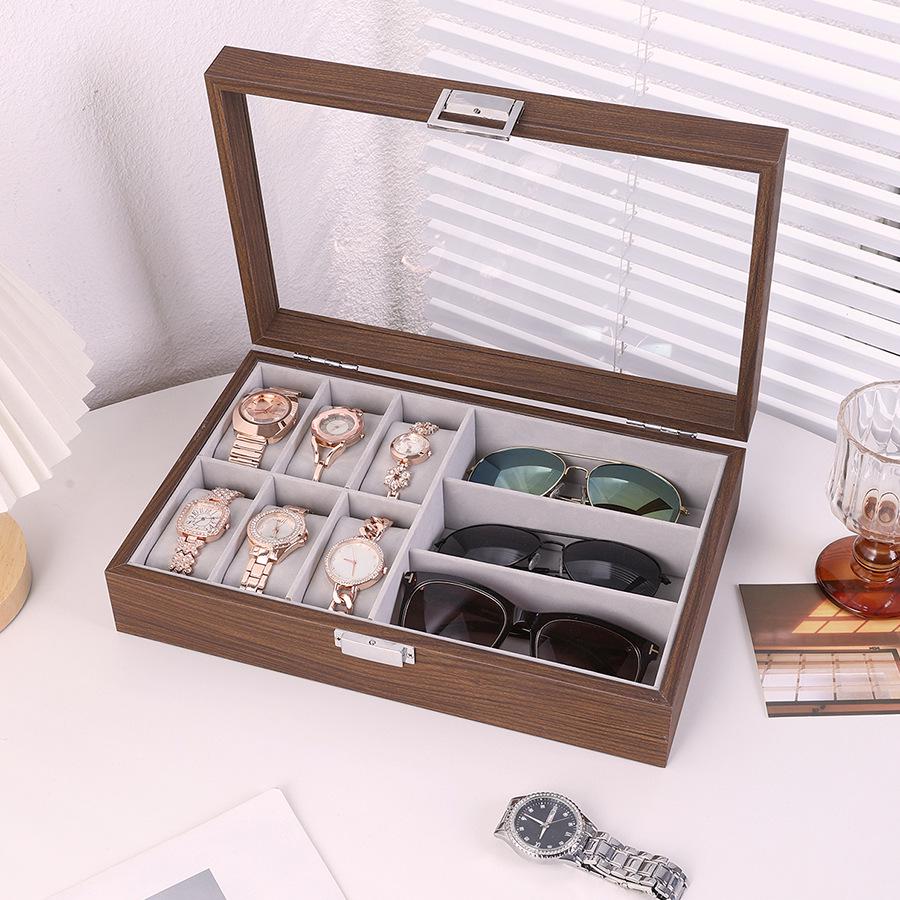Black Walnut Wood Grain Box: Multifunctional Storage for 6 Watches & 3 Eyeglasses