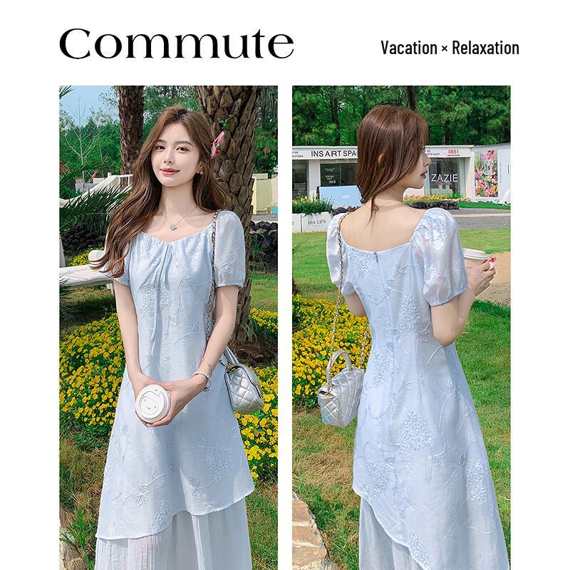 Summer Elegant Embroidered A-Line Dress with Double-Layer Hem