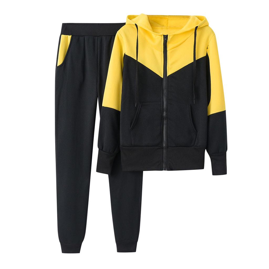 Women Solid Color Hooded Sweatshirt and Pant Tracksuit Sport Suit