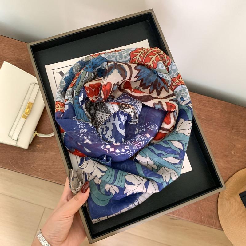 [Variety sunscreen shawl retro printed square scarf women's summer silk cotton silk scarf