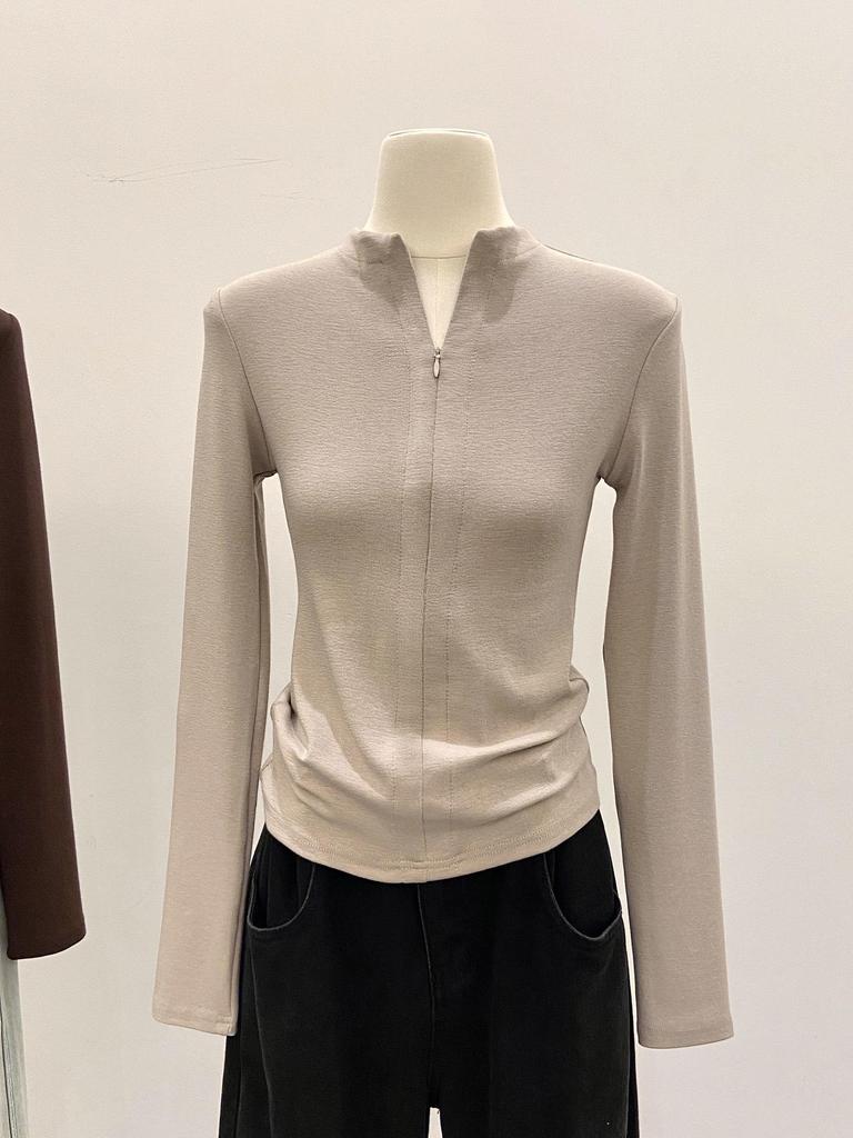 Women's Elegant Stand-Up Collar Spicy Girl Half-Zip Brushed Warm Long Sleeve Top for Autumn/Winter