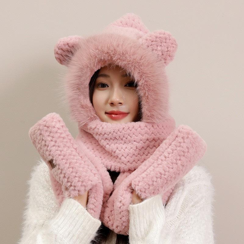 Cute bear ears plush hat scarf integrated women's autumn and winter cycling warm versatile mask ear protection scarf