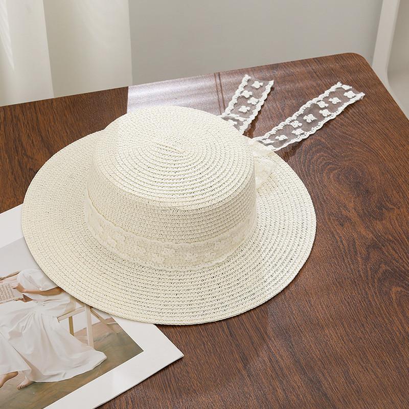 Summer Straw Hat With Lace Ribbon Large Brim Sun Protection For Beach Vacation Women