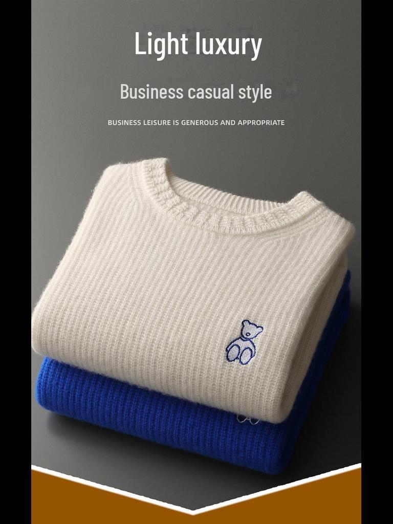 Men's 100% Wool Round Neck Sweater - Thickened, Fashionable, Casual Loose Fit for Teens, Solid Color Knitted Design.