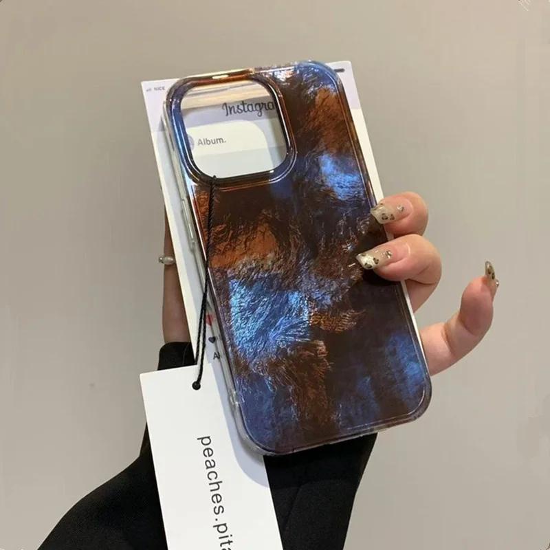 Retro Brown Blue Gradient  Clear Case For iPhone 16 15 14 13 12 11 Pro Max XS XR X SE 7 8 Plus Vortex Pattern Shockproof Cover
