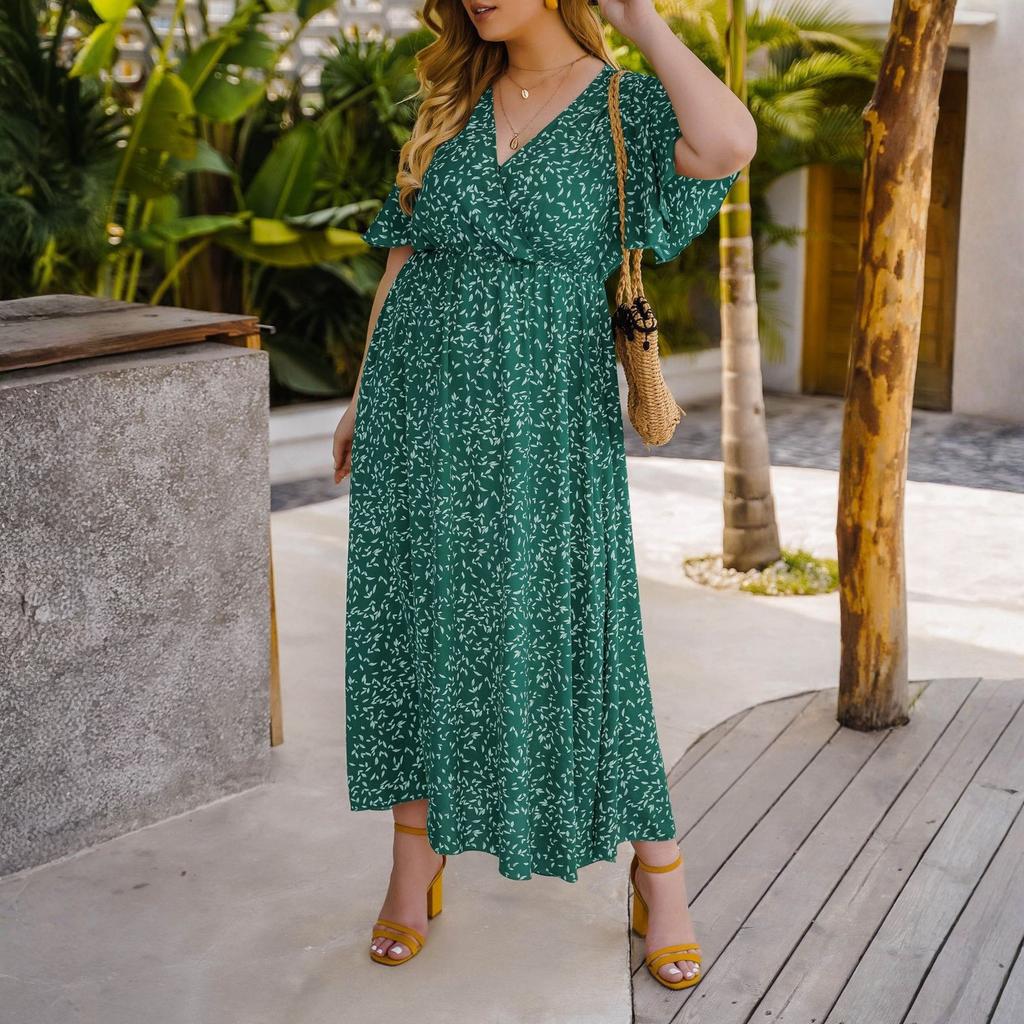 Plus Size Floral Print V Neck Short Sleeve High Waist Loose Fit Midi Dress for Women Casual Summer Outfit