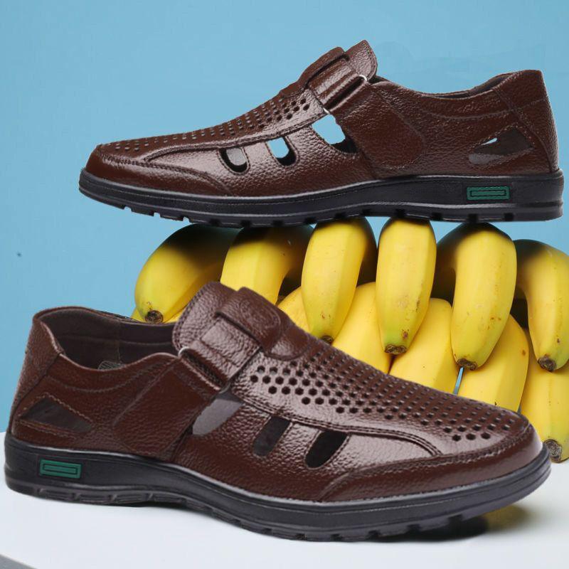 Sandalias de Conducción de Cuero de Suela Blanda para Hombre - Business Casual, Diseño Hueco para Mediana Edad y Ancianos