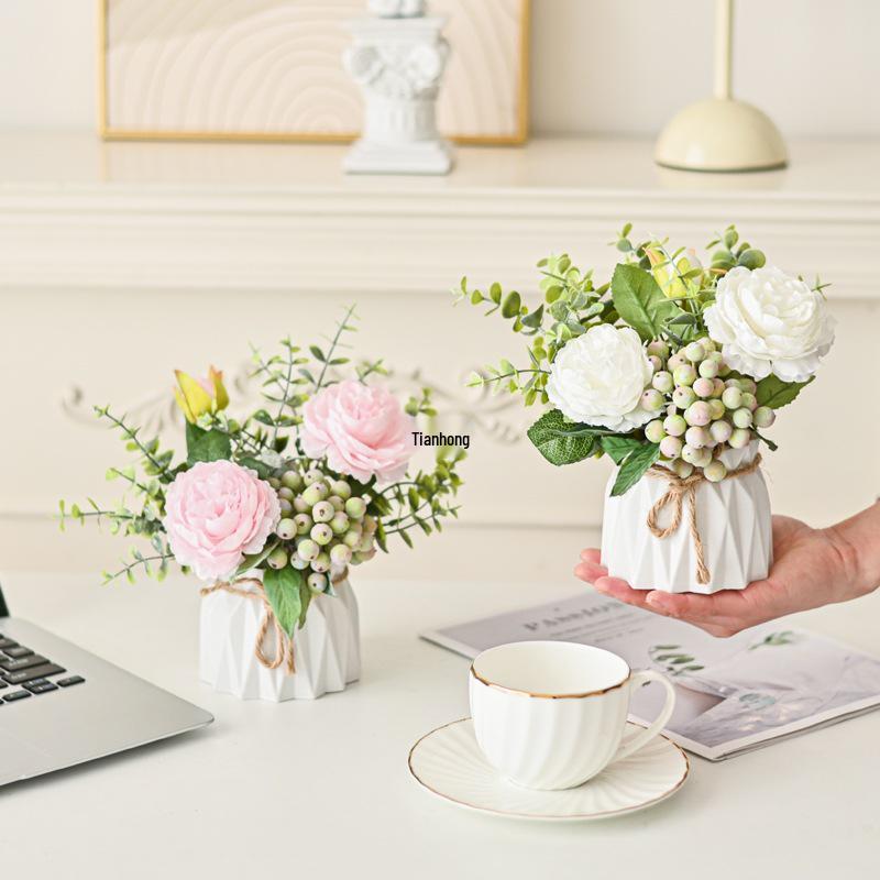 Small Artificial Potted Flower Arrangement – Fake Green Plant for Living Room Décor