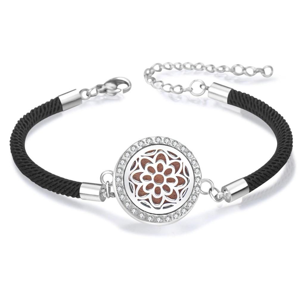 Diamond Inlaid Aroma Diffuser Bracelet: Adjustable Black Rope Wristband for Women