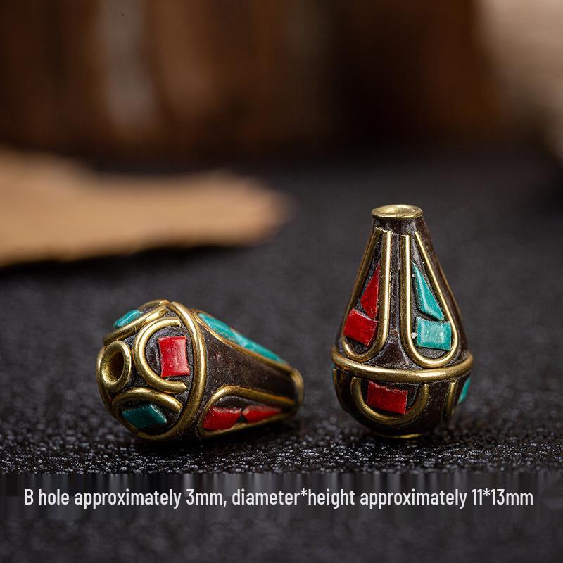 Handmade Ethnic Retro Buddhist Copper Beads with Inlaid Turquoise and Brass Spacer Beads.