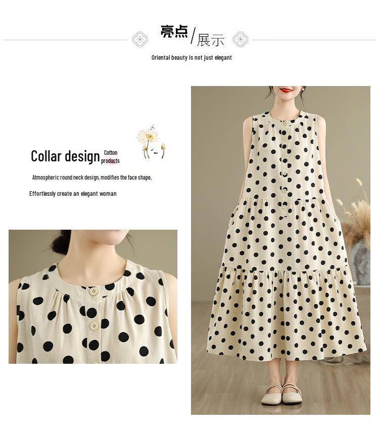 Women's Plus Size Polka Dot Sleeveless Cotton-Linen Dress - French Style