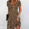 Sommer Mode Damen V-Ausschnitt Kurzarm Leopard Print Kleid Sex Kurzes Rockkleid