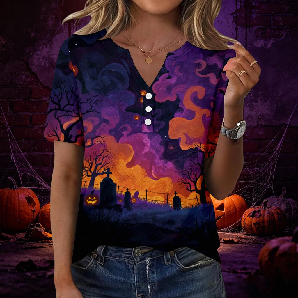 Women's Casual Halloween Print V Neck Short Sleeve Button Decor T Shirt Top Lightweight Comfortable Fit for Everyday Wear