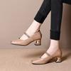 Square head shallow thick heel single shoes autumn new metal chain soft leather medium heel small leather shoes