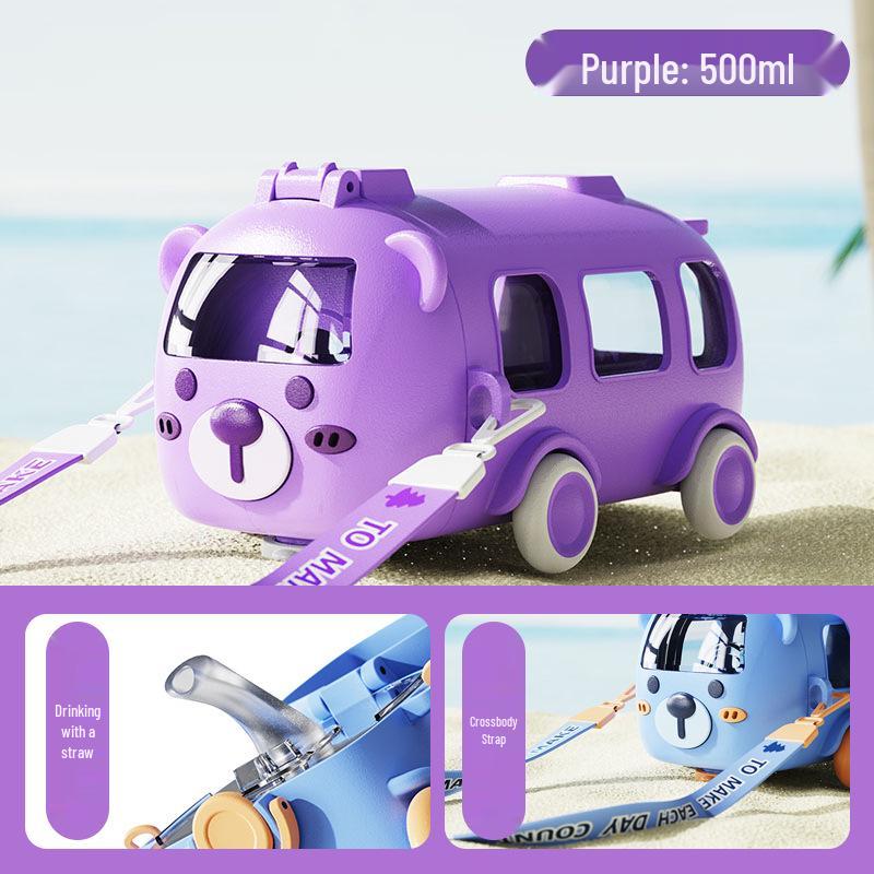 Sommer-Trinkflasche für Kinder mit Auto-Motiv, Strohhalm und Schultergurt